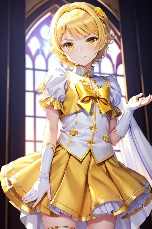 (((ultra detail game CG))), (((ultra detail background))), (((ultra detail boy))), (((ultra detail clothes))), (((best quality))), (((masterpiece))), (((beautiful satin clothes shading))), ((14 years old)), (((yellow magical boy))), (((yellow satin dress))), (((yellow satin pleated skirt))), ((yellow short hair)), ((yellow eyes)), (((white satin long gloves))), ((white satin knee socks)), ((white satin cloak)), ((night galaxy)), ((fighting)), smile, otokonoko