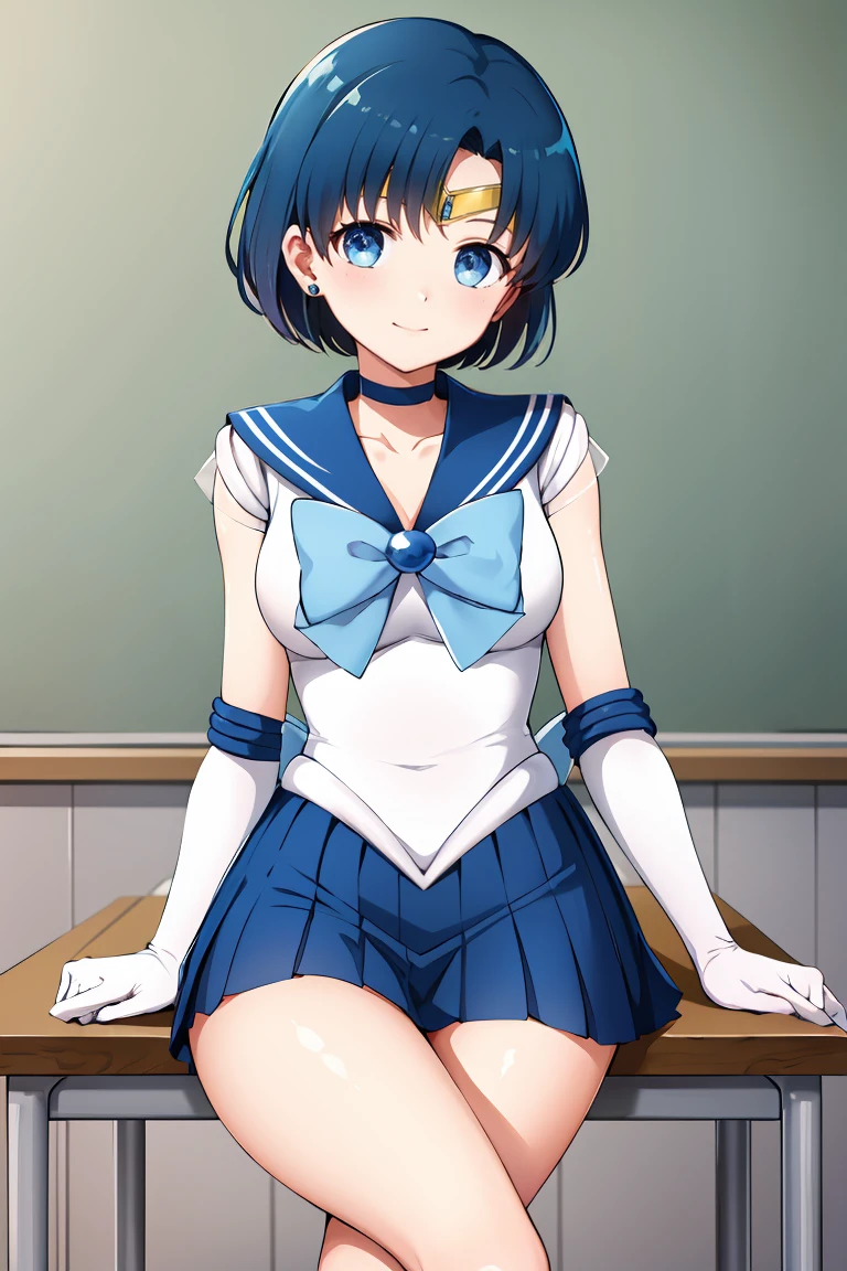 masterpiece, Highest quality, High resolution, Mercury 1, One girl, alone, Sailor Warrior Uniforms, Sailor Mercury, Which is Mizuno, Blue Hair, Magical girl, blue eyes, Blue Skirt, Elbow hand pockets, tiara, Pleated skirt, Hair Ribbon, Blue sailor collar, mini skirt, choker, Blue choker, White gloves, Short Hair, jewelry, Earrings, Sitting, Crossing your legs,The background is a school classroom,smile、