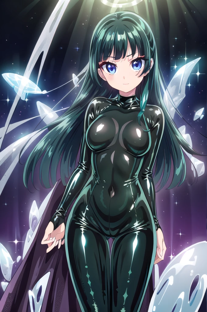 1girl,solo,(cowboy shot),standing,(green hair:1.2),long hair,pig tail,(blue eyes:1.2),(makeup:1.4),(beautiful fingers:1.6),(perfect anatomy:1.6),(arms_behind_back:1.6),(cold_shoulder:1.2),(black dress:1.4),(latex luster shiny glossy:1.6),(shiny_clothes:1.6),(medium breasts:1.4),beautiful breasts,masterpiece,best quality,(Ultra high definition eyes:1.2),8k,(Beautiful detailed eyes:1.2),(Fine and beautiful eyes:1.2),(pretty eyes:1.2),finely detail,extremely CG, absurdres,high resolution,illustration,Detailed and beautiful outlines,finely detail,high resolution,(colorful refraction:1.4,Increase saturation:1.2),beautiful lighting,dynamic lighting,closed room,black background,simple background, smile,looking at viewer,maomao,(white Clear PVC sheets sleeves:1.4),(sheer sleeves:1.4),(see-through sleeves:1.4),(wide sleeves:1.2),(black thigh boots:1.4)
