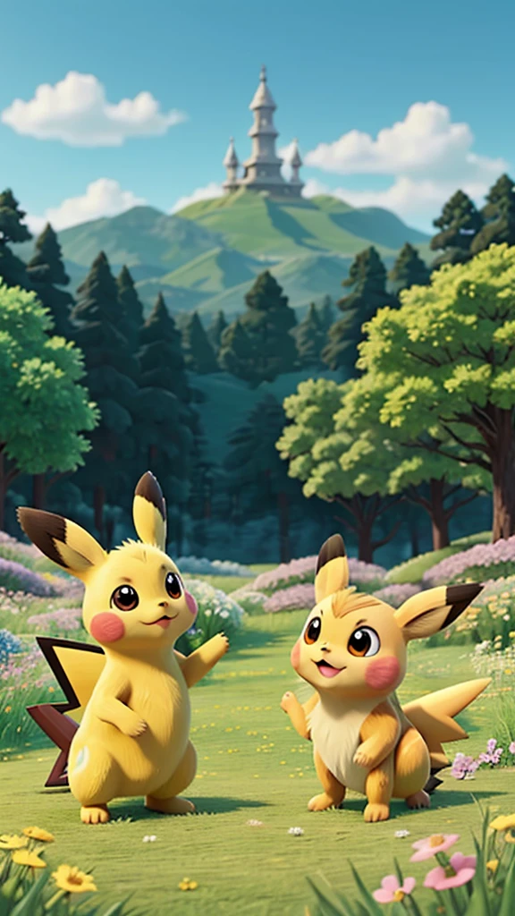 Please draw a scene of Pikachu and Eevee playing together in a grassland.。In the background is a flowering meadow.。