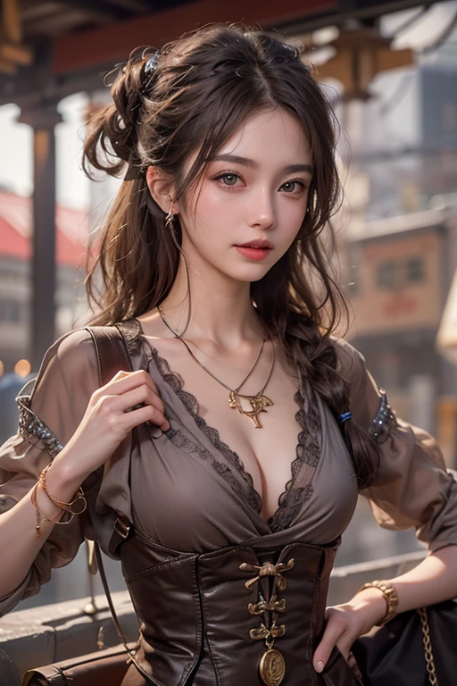 (masterpiece:1.3), (8k, Realistic, RAW Photos, Best image quality: 1.4), Japanese 、26 years old,(Random Hairstyles:1.2)、Cleavage:1.2、Highly detailed face、Attention to detail、double eyelid、Chest to chest、Sharp focus:1.2、Beautiful woman:1.4、Light brown hair、Highest quality、masterpiece、Ultra-high resolution、(Realistic:1.4)、Highly detailed and professionally lit smiles、Loose fitting steampunk outfit、Shoulder out、thin、Serious expression、Holding a gorgeous necklace in her right hand, In the city、Eat dinner