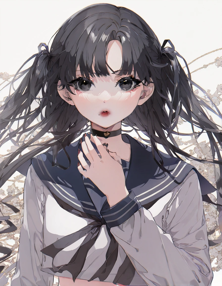 Super detailed,(Highest quality),((masterpiece)),(High resolution),original,Highly detailed 8k wallpaper,(Very delicate and beautiful),Highest_hand,anime,Black Hair,Twin tails,black eye,Sailor suit,Wearing a little makeup,cute,Upper body only,Beautiful pupils,White background