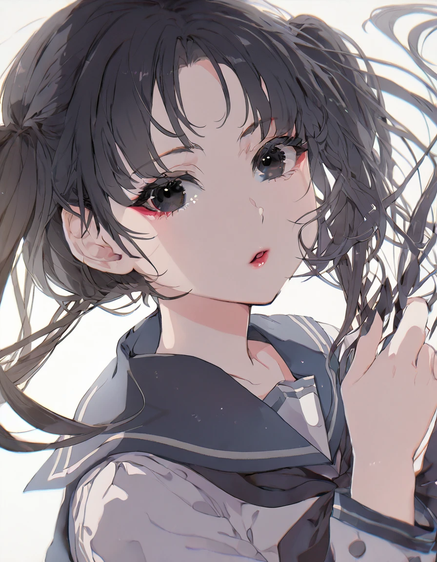 Super detailed,(Highest quality),((masterpiece)),(High resolution),original,Highly detailed 8k wallpaper,(Very delicate and beautiful),Highest_hand,anime,Black Hair,Twin tails,black eye,Sailor suit,Wearing a little makeup,cute,Upper body only,Beautiful pupils,White background