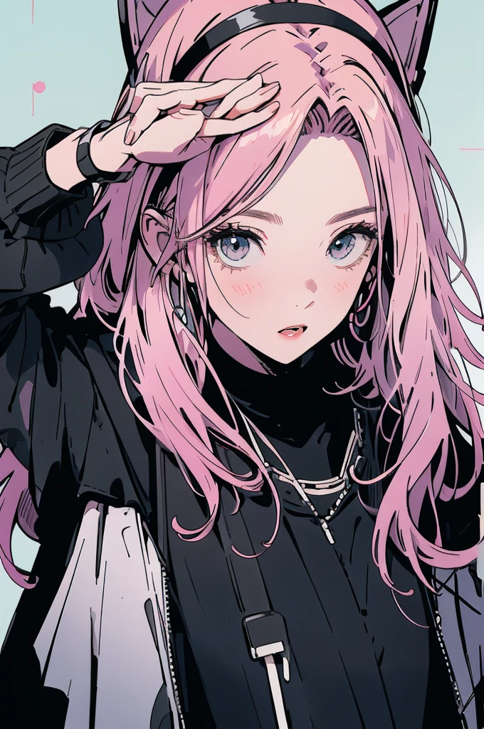 Pink Hair,Black clothes,White background,Face front right,A look of surprise,Headband,Double tail,Studying at the table,commend,chill,Private room,wallpaper,Wide format
