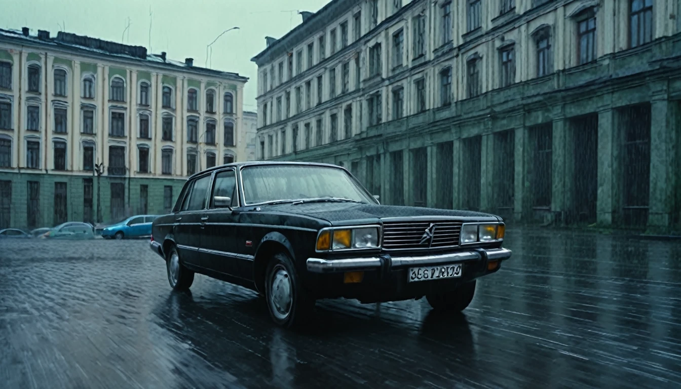 Black car from the 90s, driving against the background of old Soviet buildings, rain, rainy weather, rain, cinematic scene, cloudy weather