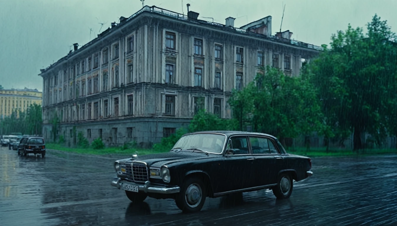 Black car from the 90s, driving against the background of old Soviet buildings, rain, rainy weather, rain, cinematic scene, cloudy weather