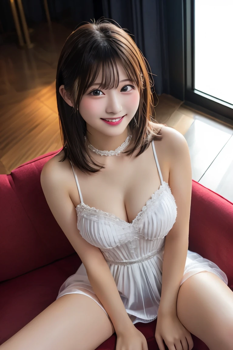 Highest quality, (beautiful)、Cabaret Club、See-through dress、Sit on the sofa、Close-up、Soft 、Shoot from above、Spread your legs、Nipples、smile、night、Dark Room