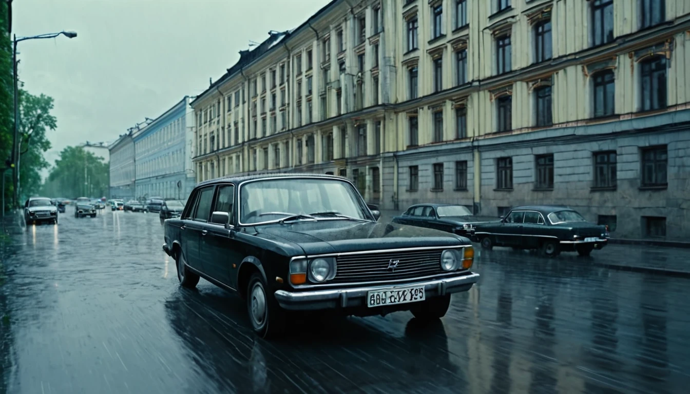 Black car from the 90s, driving against the background of old Soviet buildings, rain, rainy weather, rain, cinematic scene, cloudy weather