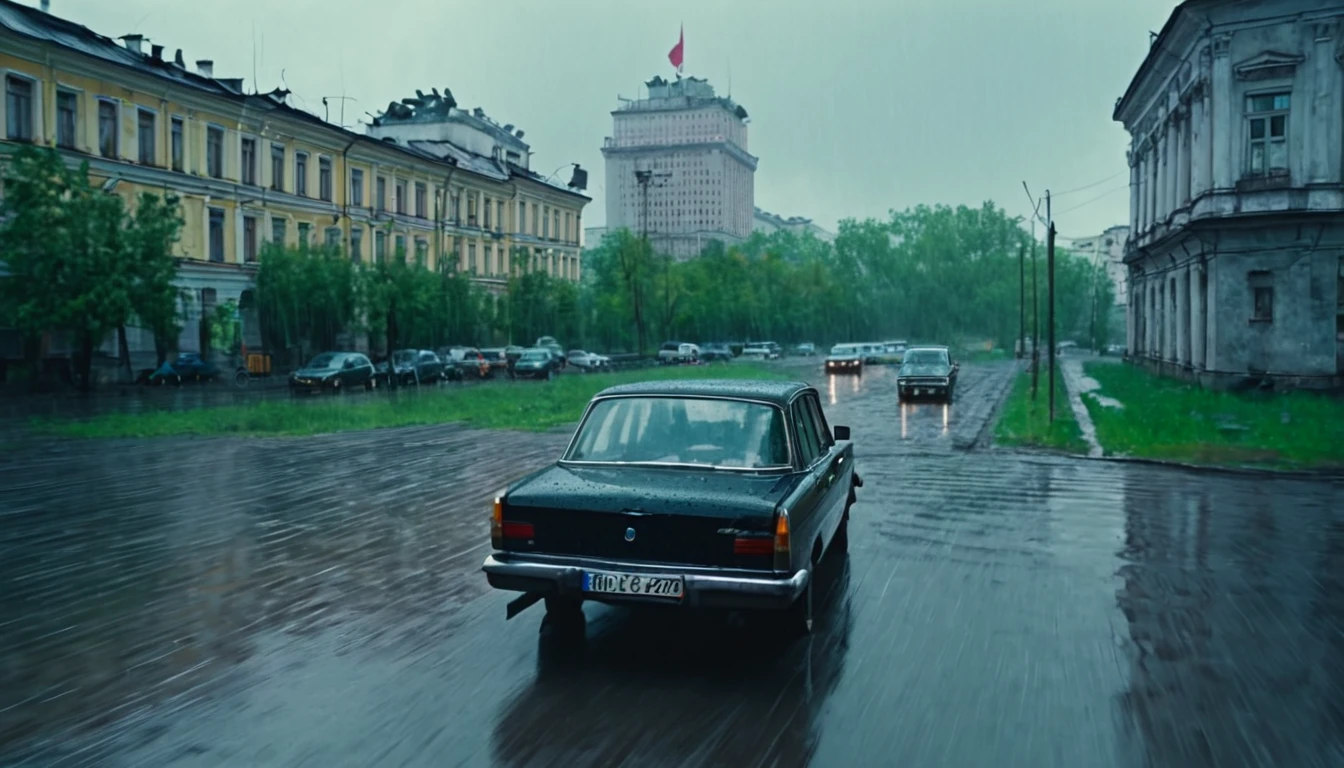Black car from the 90s, driving against the background of old Soviet buildings, rain, rainy weather, rain, cinematic scene, cloudy weather