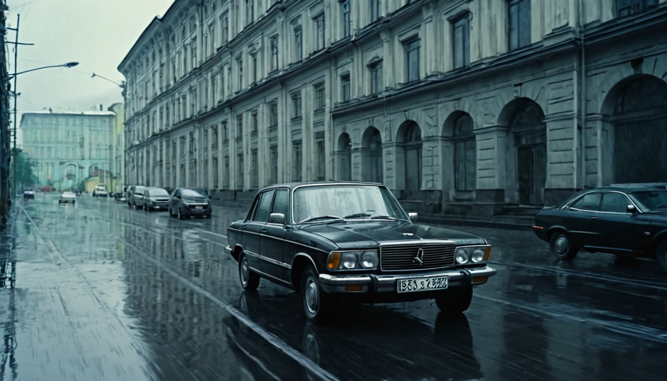 Black car from the 90s, driving against the background of old Soviet buildings, rain, rainy weather, rain, cinematic scene, cloudy weather