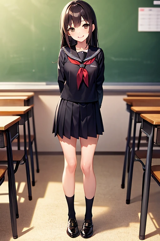 masterpiece, extra limbs, 1 girl,14years old, black long straight hair, (tareme:1.5 brown  eyes), (((delighted))), seifuku,arms behind back,contrapposto, classroom,full body