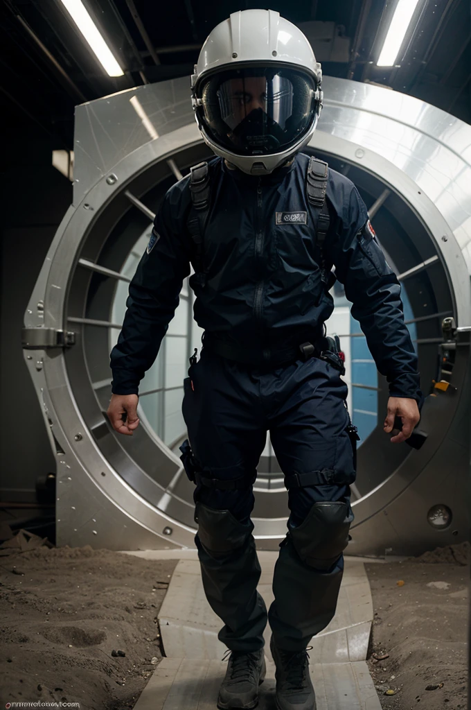 Earth core, a man wearing a very durable protective suite and helmet. He is floating inside earth core, no gravity environment