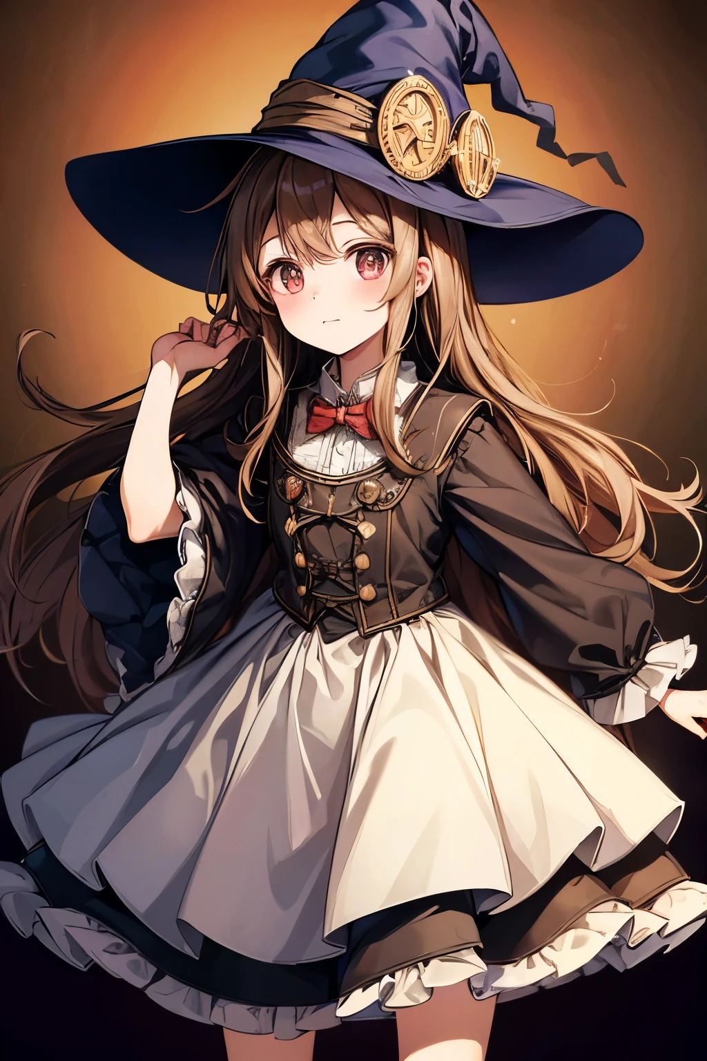 (highest quality:1.5)。steampunkai。One Girl。little cute witch。long light brown fluffy hair。Witch hat and witch outfit。See who&#39;s watching。(smile)。Carry a broom on your shoulder。Walking with a lantern in one hand。(The background is a night road illuminated by the full moon)。