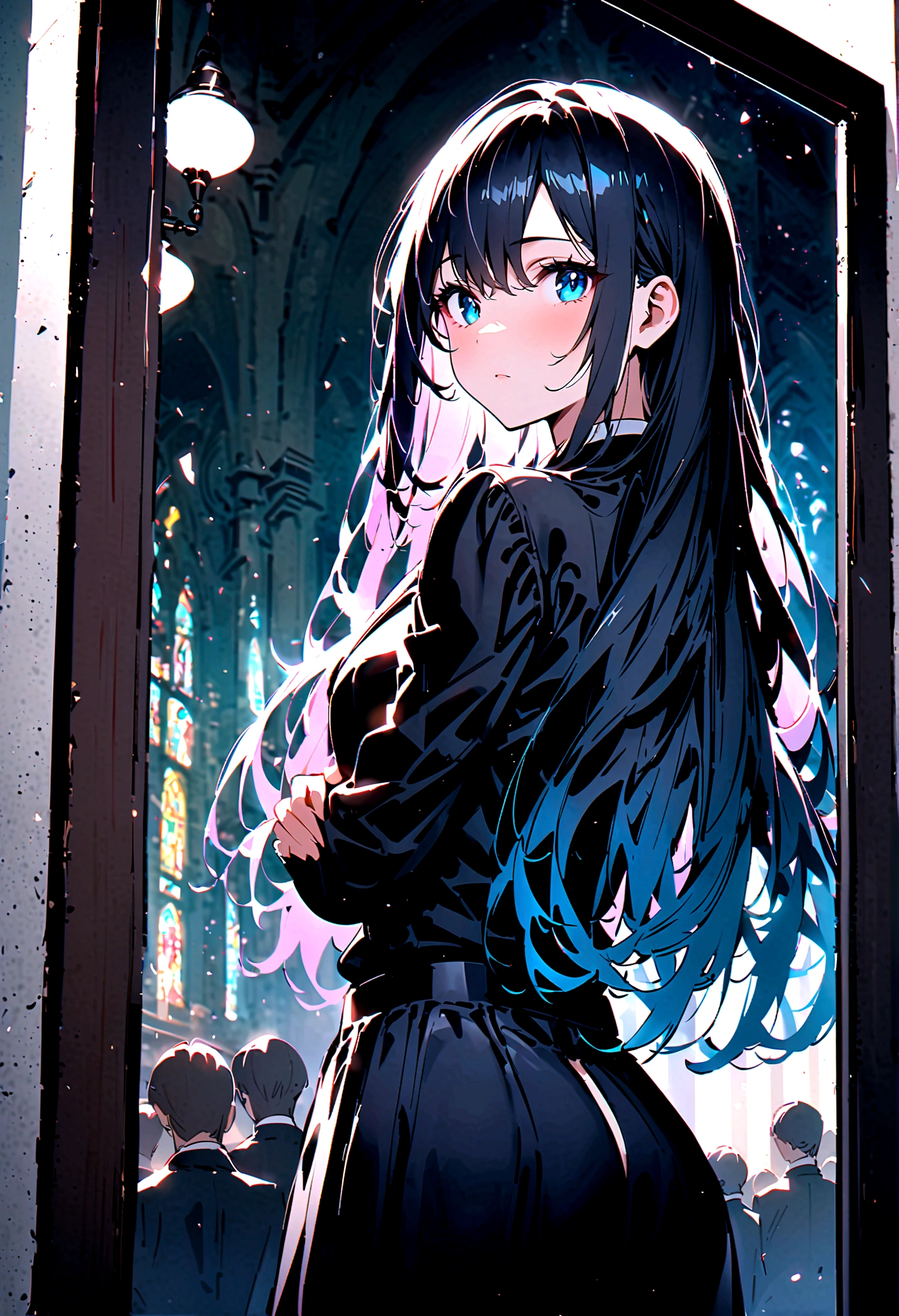 (best quality)(1 female,single,Long hair,Bright hair,blue eyes,Sexy body ,Black suit shirt,Black skirt,Turn your head and look at the audience,ยืนอยู่ในchurch,Beautiful Lights.(church, Look in the mirror, Detailed background (Low light pollution)) Looking Back