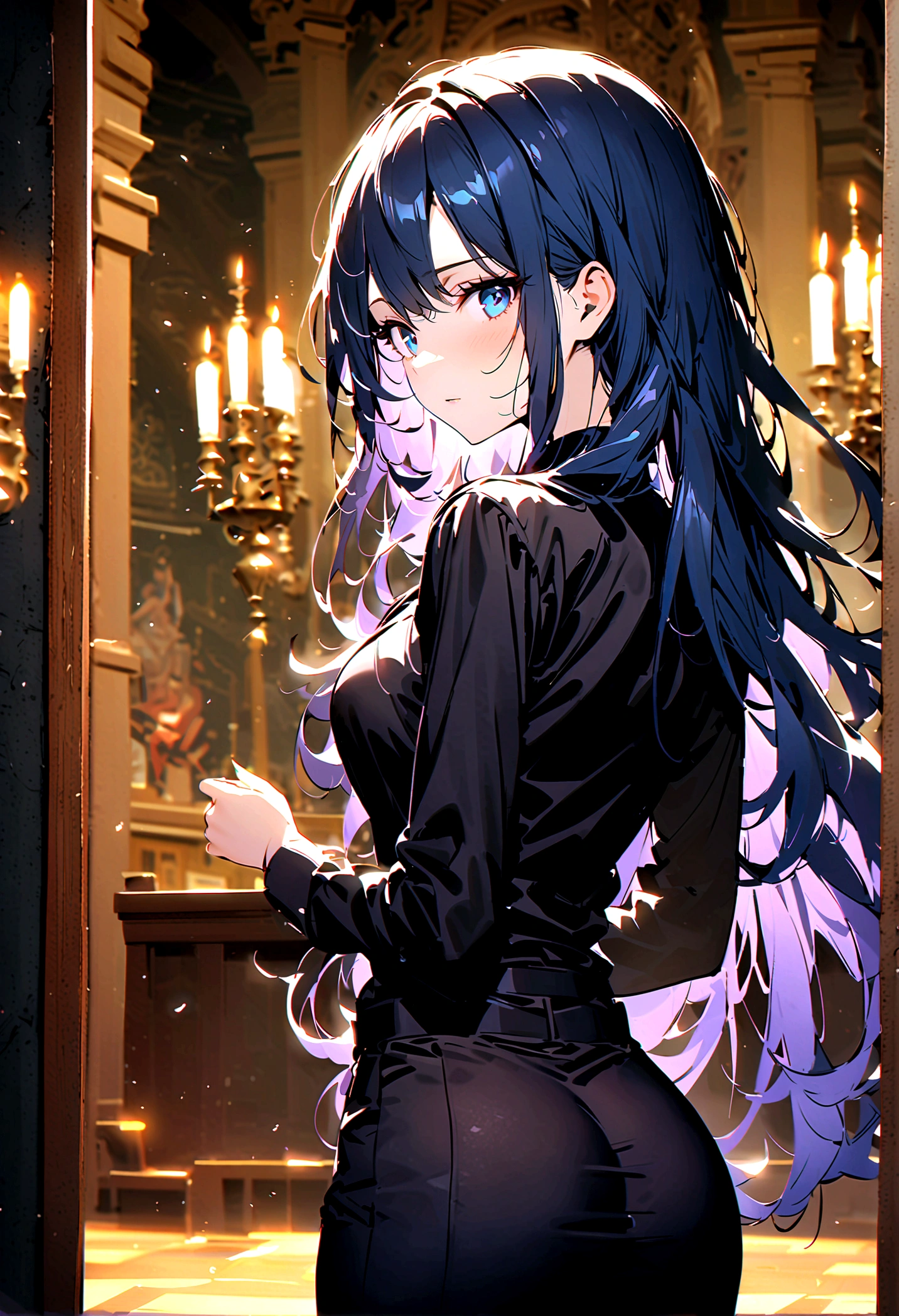 (best quality)(1 female,single,Long hair,Bright hair,blue eyes,Sexy body ,Black suit shirt,Black skirt,Turn your head and look at the audience,ยืนอยู่ในchurch,Beautiful Lights.(church, Look in the mirror, Detailed background (Low light pollution)) Looking Back