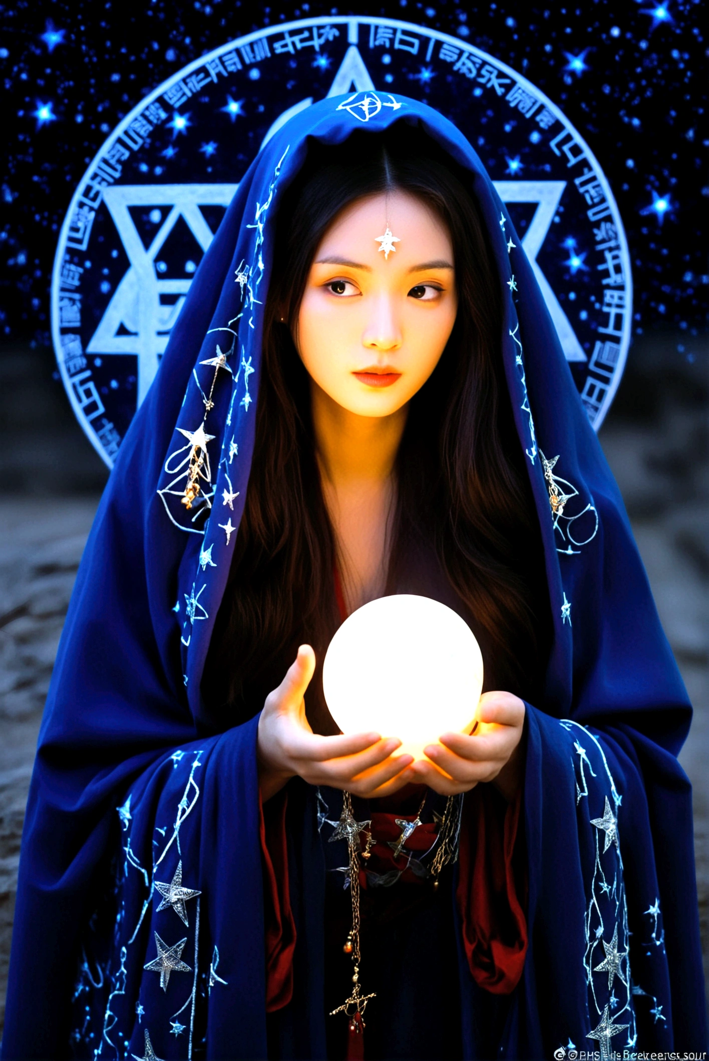 Astrologer, mystery, ancient, Starry sky background, Hold a crystal ball, Staring into the distance, The cloak flutters, night, Candlelight, ancient书籍, Star motif, Magic Runes, mystery氛围, Detailed description, High quality details, Artistic effects