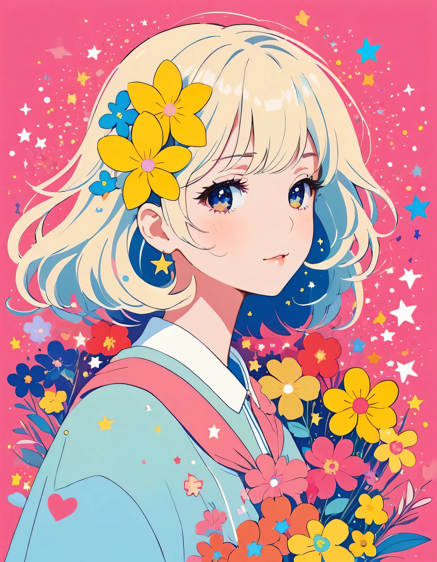 Mika Pikazo style, Simple Line Initialism,Abstract art,Kawaii Design, The most beautiful girl of all time, The background is star dust, colorful hearts, colorful flowers,