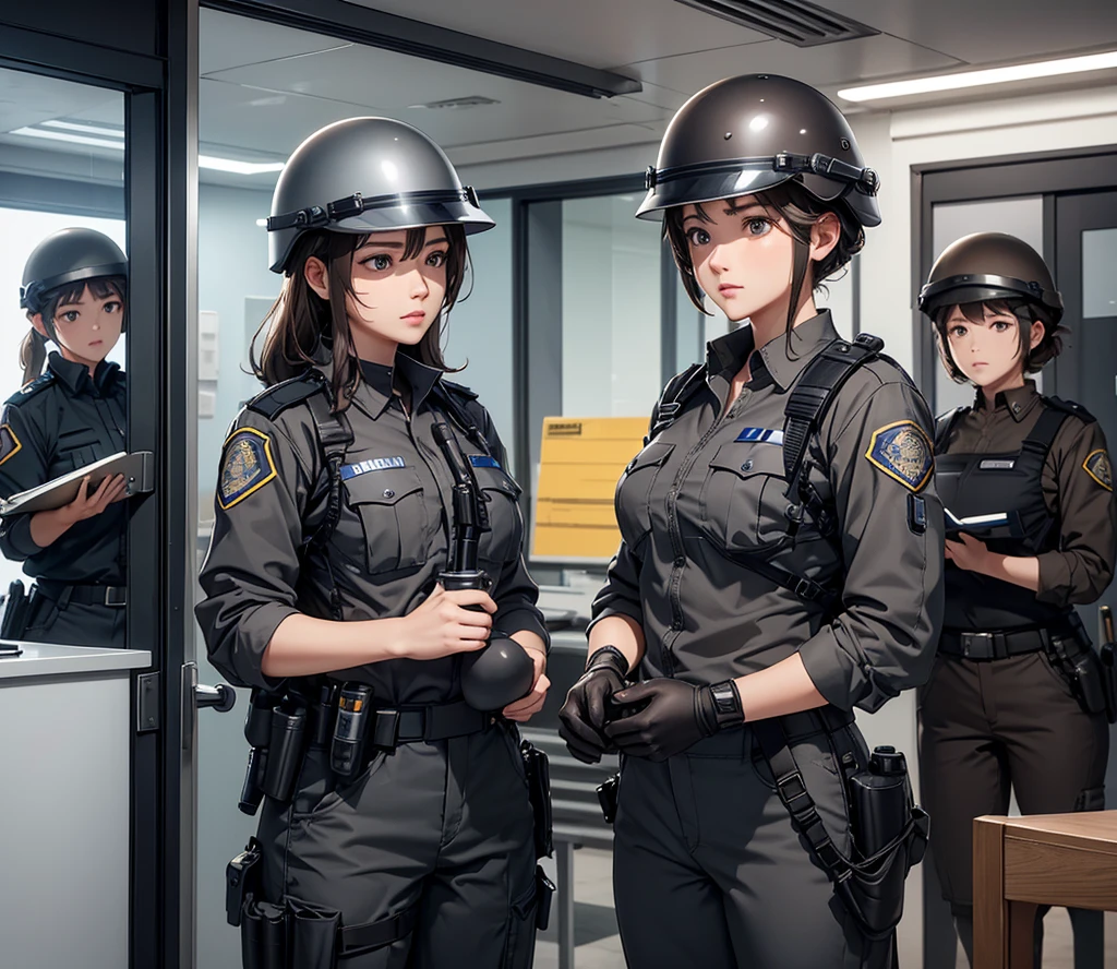A group of female police officers all wearing gray-brown uniforms、Full helmet、Police pants、Various police equipment、Inside the base、Write details、masterpiece、best quality、Highly detailed CG、8K picture quality
