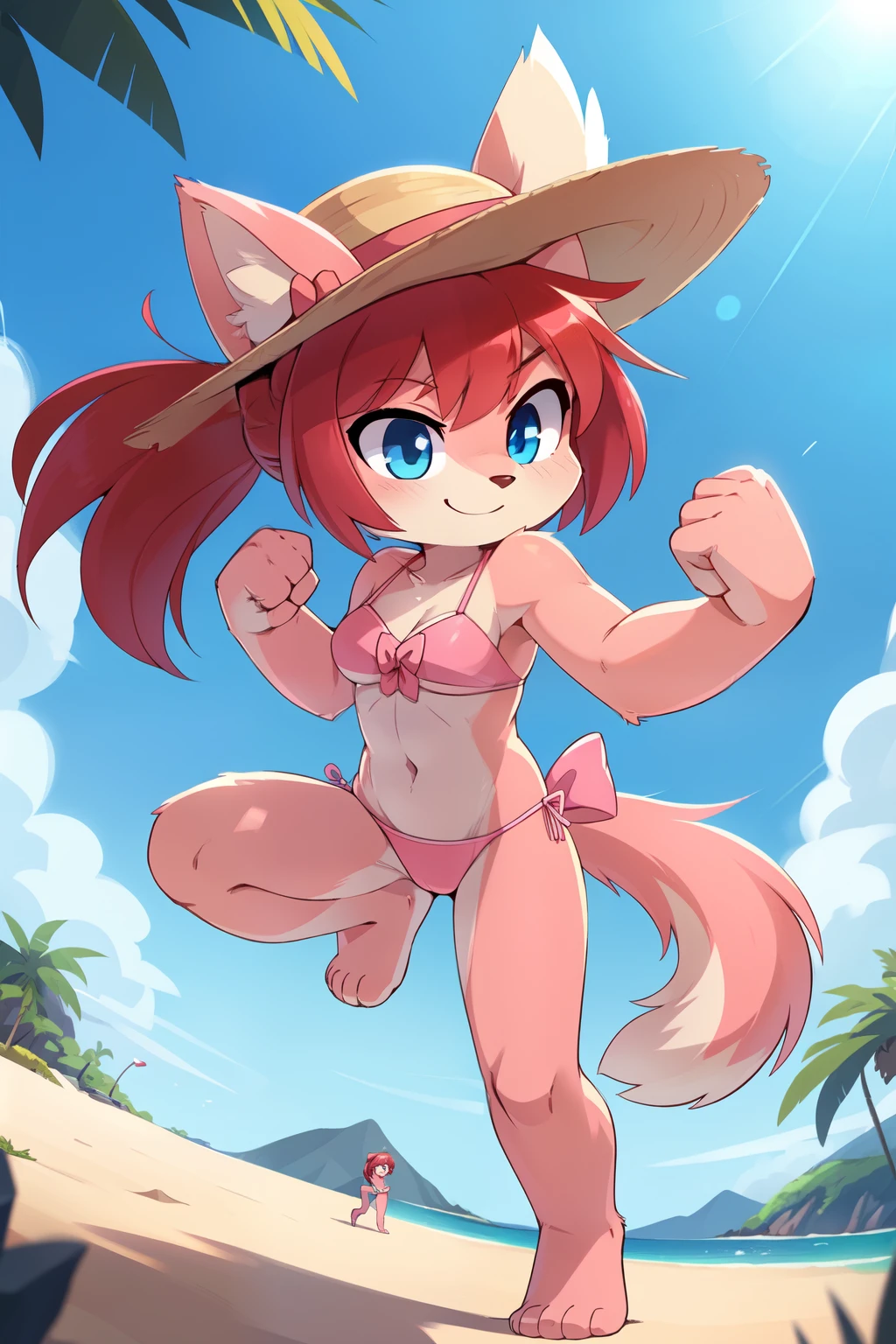 score_9,score_8_up,score_7_up, source_cartoon, source_furry, furry girl, cat, red hair, Knight bangs hairstyle, long ponytail, anime style, medium breasts, blue eyes, ((bright pink bikini Bandeau with bow in the center, side bows at the bottom, Sunglasses and wide-brimmed hat)), high quality, detailed body, detailed eyes, detailed face, masterpiece, glistening body, detailed body fur, best quality, two tone body, pink fur, clear pink fur, perfect lighting, perfect shadows, perfect eyes, perfect hair, perfect face, gorgeous body, skinny, standing, solo, :3, smilling, standing, beach, clear sky, glowing blue eyes, outdoors, from above, fight, dynamic action shot, speed lines, motion blur, fighter pose, feet with three toes, ((punch act, fist, fist focus, punch)), detailed fist, detailed punch, jump, on air,