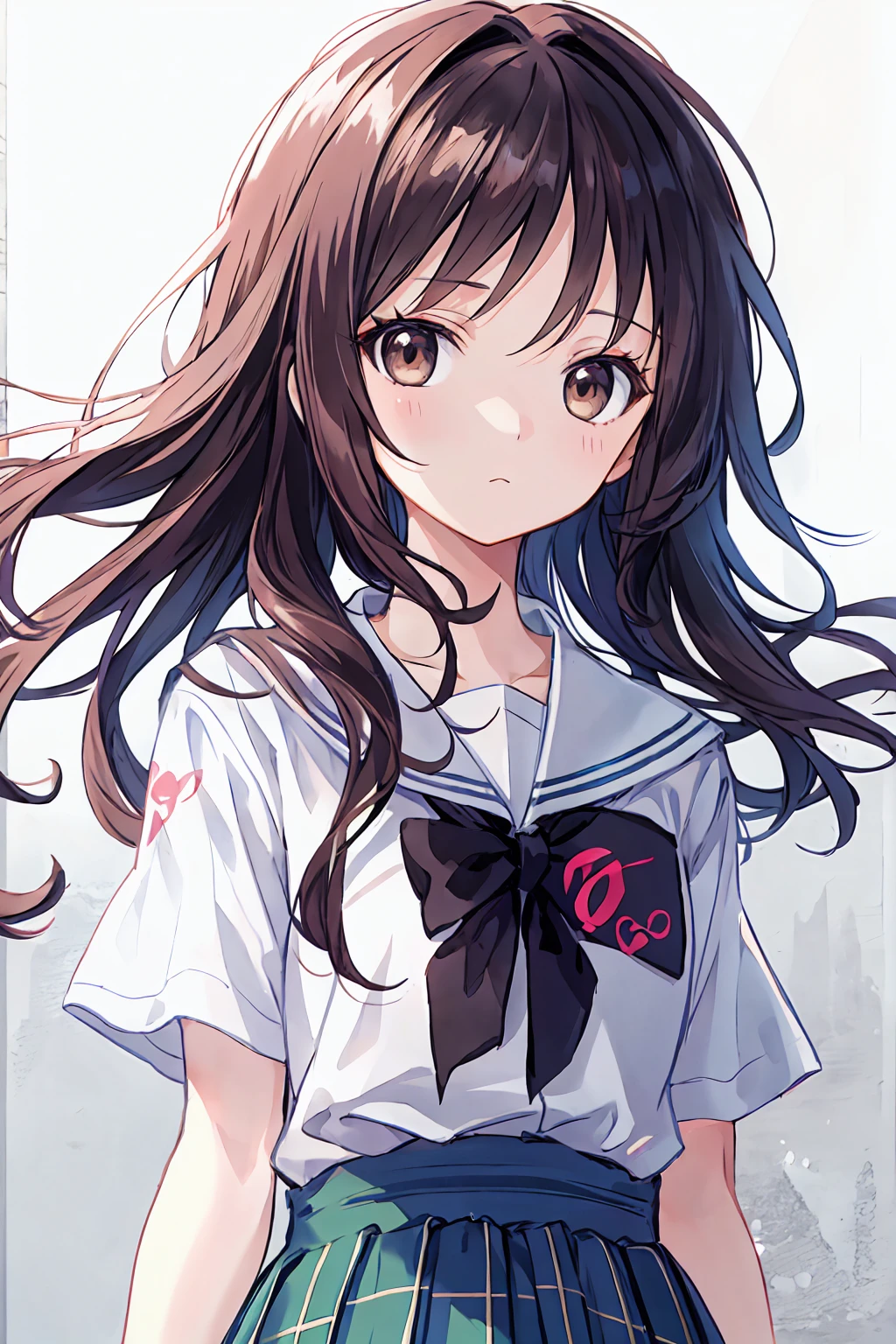 (child),Highest quality,Beautiful face in every detail,cute,Dark brown eyes,(背の低いcute女の子,Little young student,Young and delicate girl),(masterpiece,Highest quality),Black Hair,Sleepy look,Short sleeve white shirt,Plaid white skirt,Pitiful,Pitiful,Pitiful,Anatomically correct,Bust Shot,Upper Body