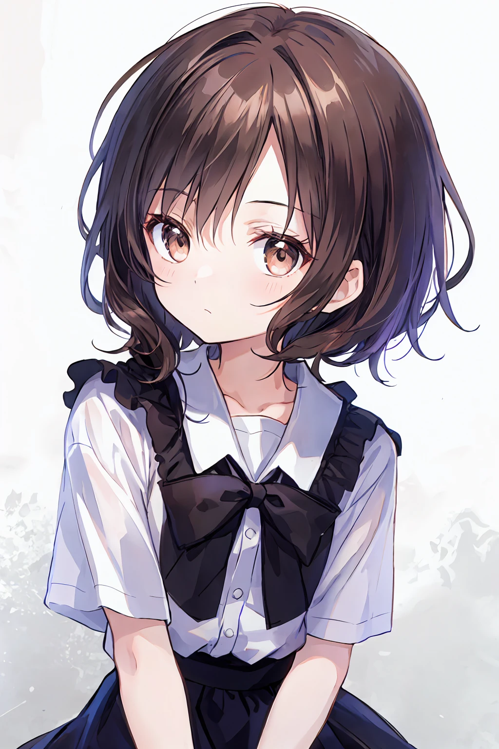 (child)，Highest quality，Beautiful face in every detail，cute，Dark brown eyes，(背の低いcute女の子，Little young student，Young and delicate girl）,（masterpiece，Highest quality)，Black Hair，Sleepy look，Short sleeve white shirt，Plaid white skirt，Pitiful，Pitiful，Pitiful，Anatomically correct，Bust Shot，Upper Body