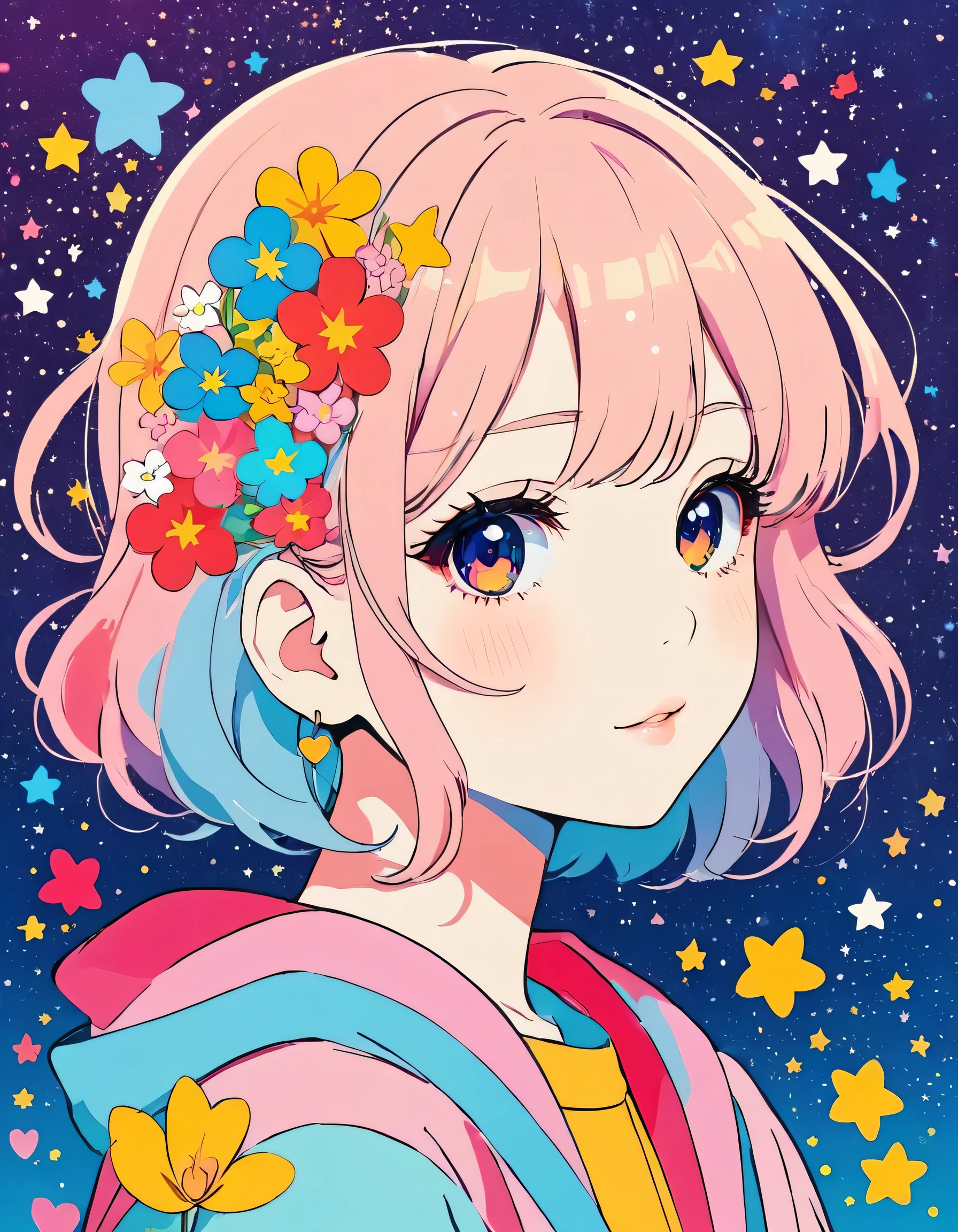 Mika Pikazo style, Simple Line Initialism,Abstract art,Kawaii Design, The most beautiful girl of all time, The background is star dust, colorful hearts, colorful flowers,
