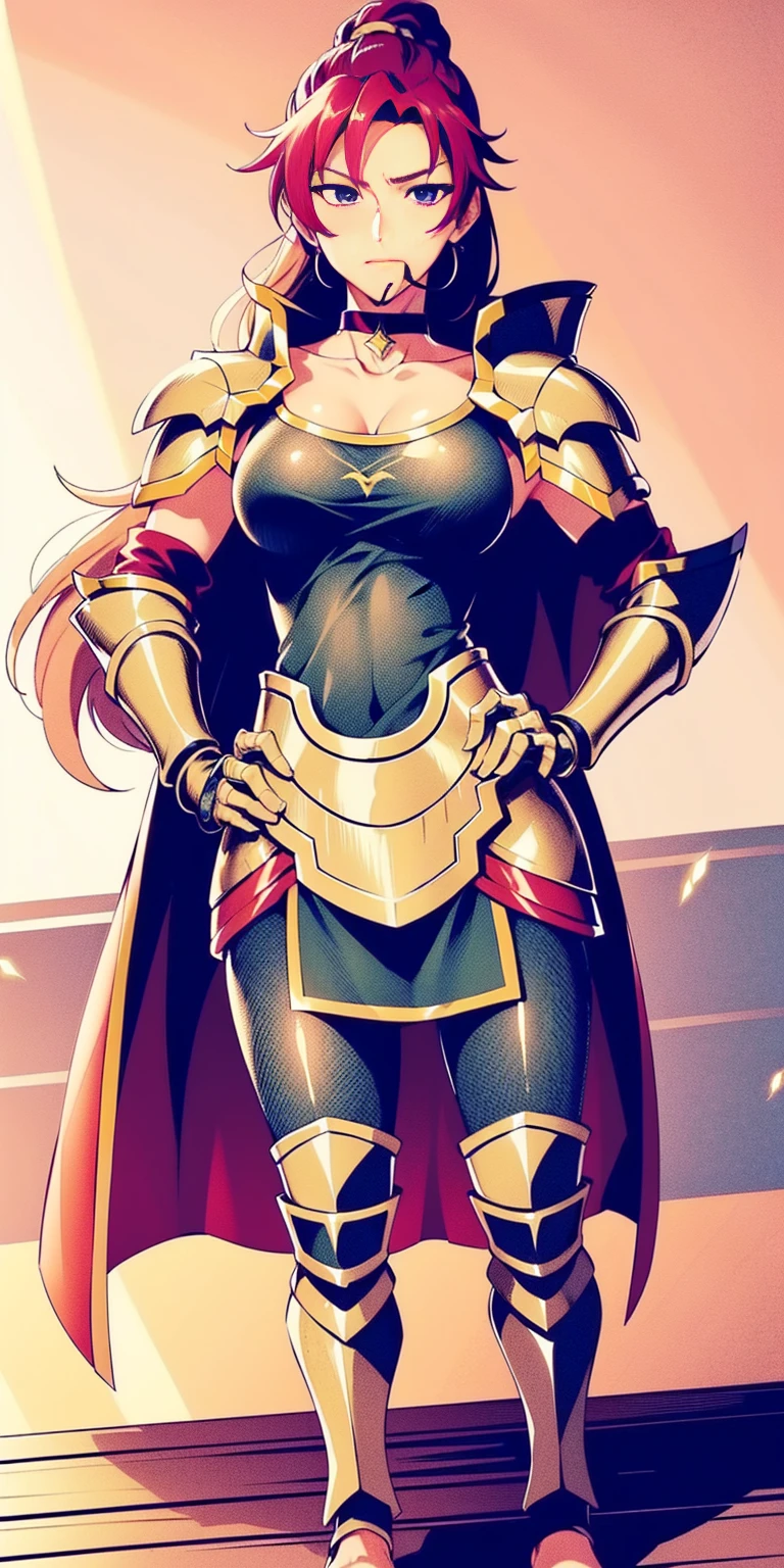 Setting:
Plain background
Character:
Female
Full body - Barefoot
Attire:
Linen tunic
Armor (possibly worn over the tunic)
Accessories:
Black choker
Handcuffs on wrists
Shackles on legs and arms
Pose:
Hands on hips
Expression: (happy but mouth closed)
Additional Notes:
(Consider leather armor or plate mail)