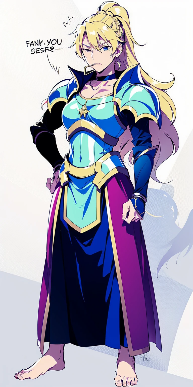 Setting:
Plain background
Character:
Female
Full body - Barefoot
Attire:
Linen tunic
Armor (possibly worn over the tunic)
Accessories:
Black choker
Handcuffs on wrists
Shackles on legs and arms
Pose:
Hands on hips
Expression: (happy but mouth closed)
Additional Notes:
(Consider leather armor or plate mail)