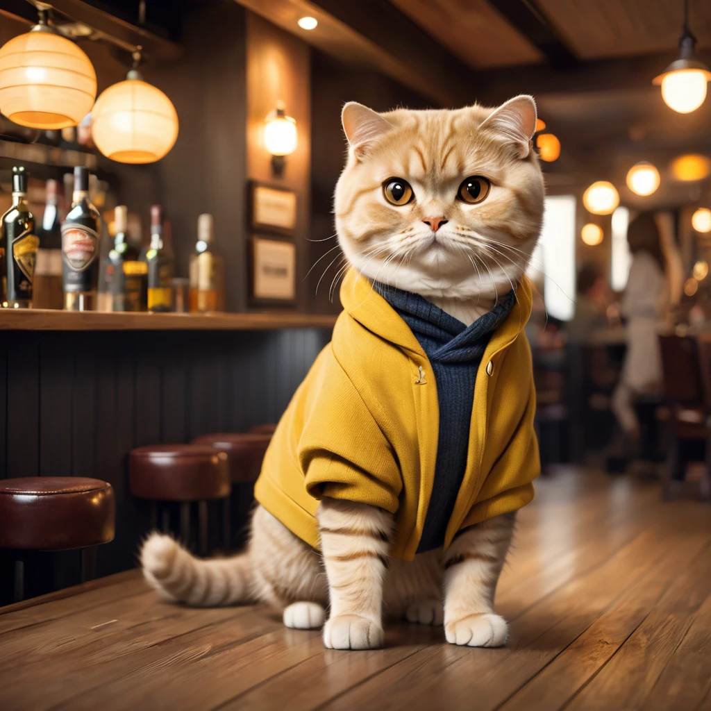 A golden Scottish Fold cat dressed in casual clothes walking into a cozy bar with a warm, inviting atmosphere.