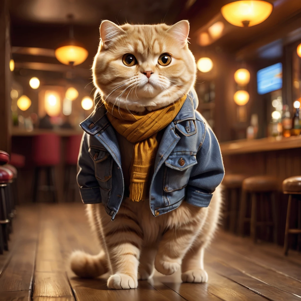 A golden Scottish Fold cat dressed in casual clothes walking into a cozy bar with a warm, inviting atmosphere.