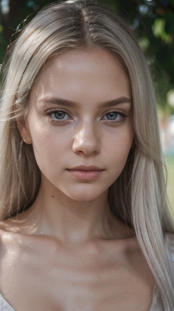 (best quality, 8k, 32k, masterpiece, UHD:1.2), selfie, masterpiece, perfect portrait, (..RAW), natural lighting, photo of a ((Best Quality)), ((Masterpiece)), (Detailed), Perfect Face, 1.1, Highly Detailed Face and Skin Structure, Detailede Augen, 21 Year Old Ukrainian Shatnek., Cute Vacation Pictures, Cute Modern , Cute Makeup , aesthetic photos on Instagram , (very straight platinum hair), perfect face, closed mouth, (extremely detailed eyes),Jiggle Physics, (highly detailed skin), pale skin, photographed on a Canon AE-1 , 35mm f1.8 lens, 50 mm, ISO 300, ((filmic grain)), (summer wear)