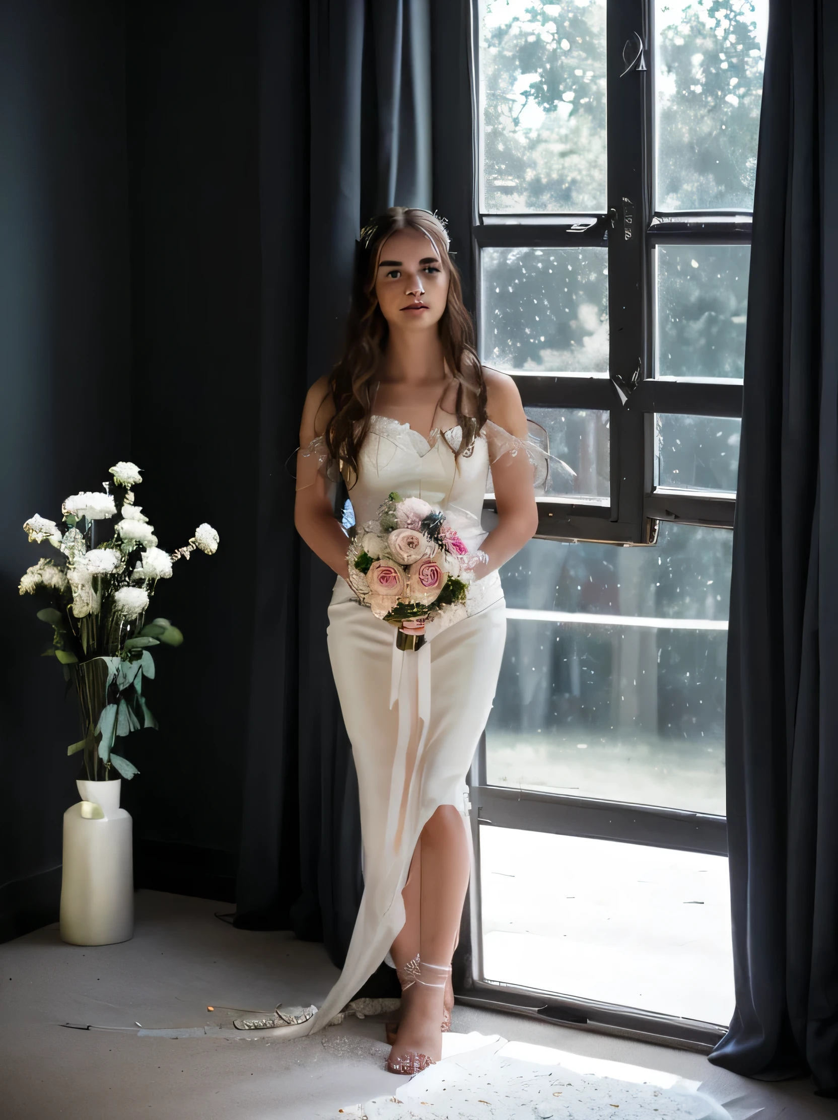 Girl in a wedding dress in a dark room with a panoramic window