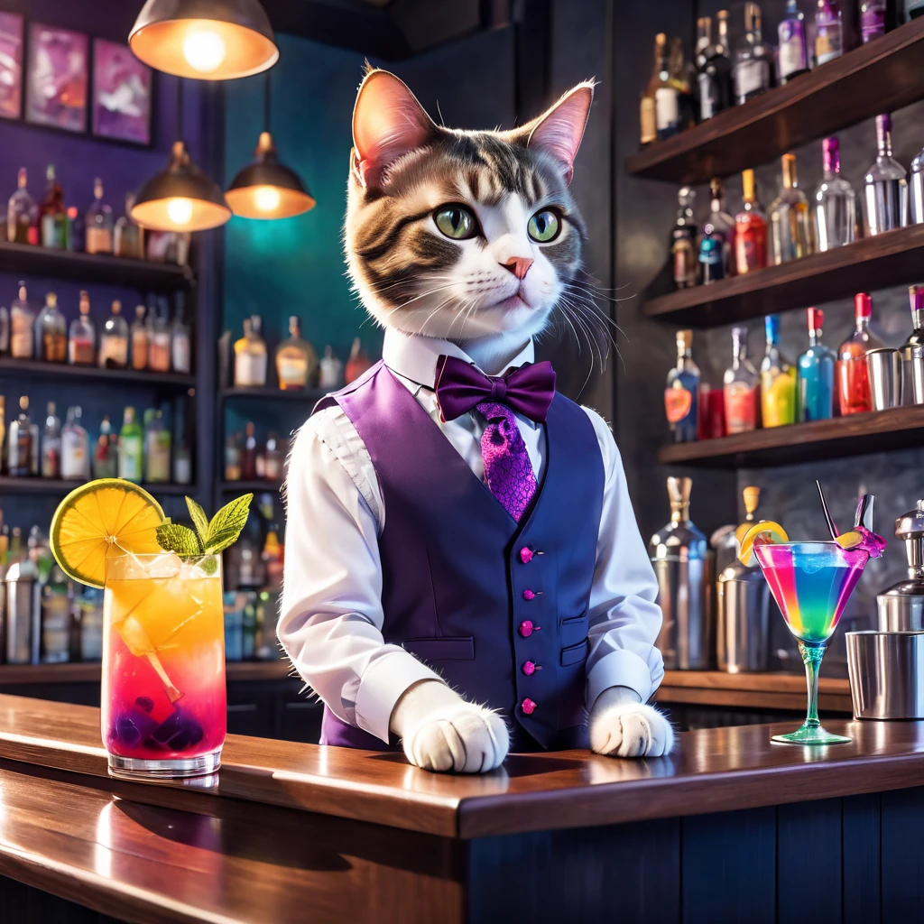 A bartender cat in a stylish vest and bow tie mixing a colorful cocktail behind the bar counter.