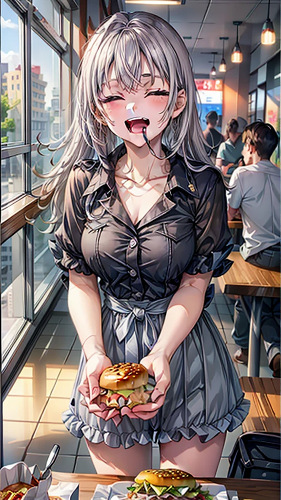 1 beauty，17-year-old high school girl, Watery Big Eyes，(Happy smile)，long eyelasher, Blushlush，Black Perm Hair,At a table in a fast food restaurant, (Close your eyes, Smile and open your mouth wide), ((Gnawing on a grabbed hamburger with both hands)),(Eat cleanly)