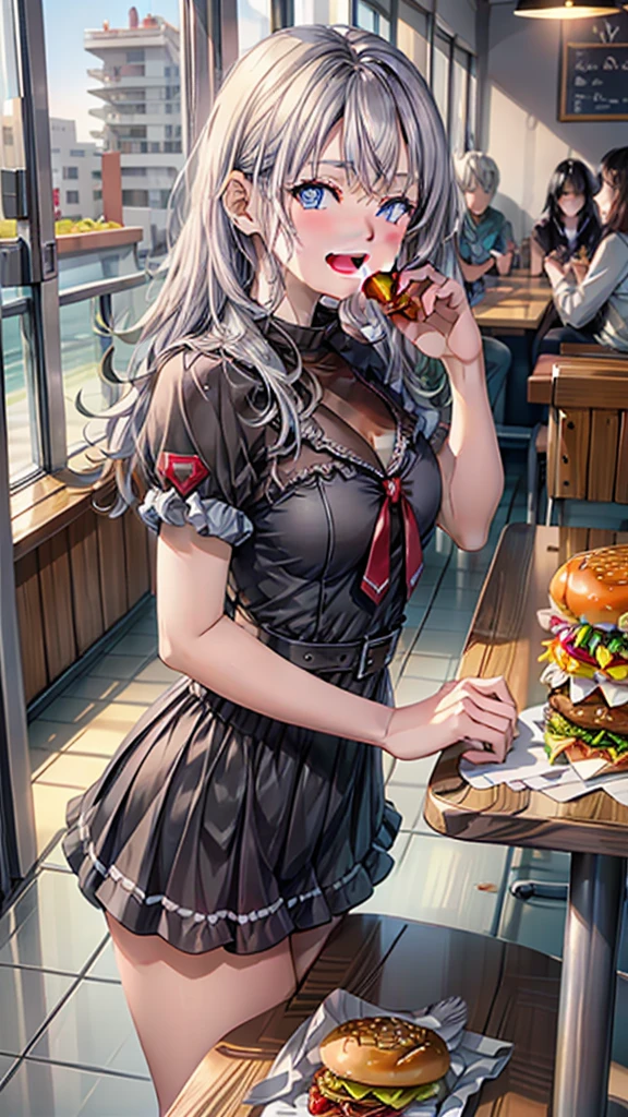 1 beauty,17-year-old high school girl, Watery Big Eyes,(Happy smile),long eyelasher, Blushlush,Black Perm Hair,At a table in a fast food restaurant, (Close your eyes, Smile and open your mouth wide), ((Gnawing on a grabbed hamburger with both hands)),(Eat cleanly)
