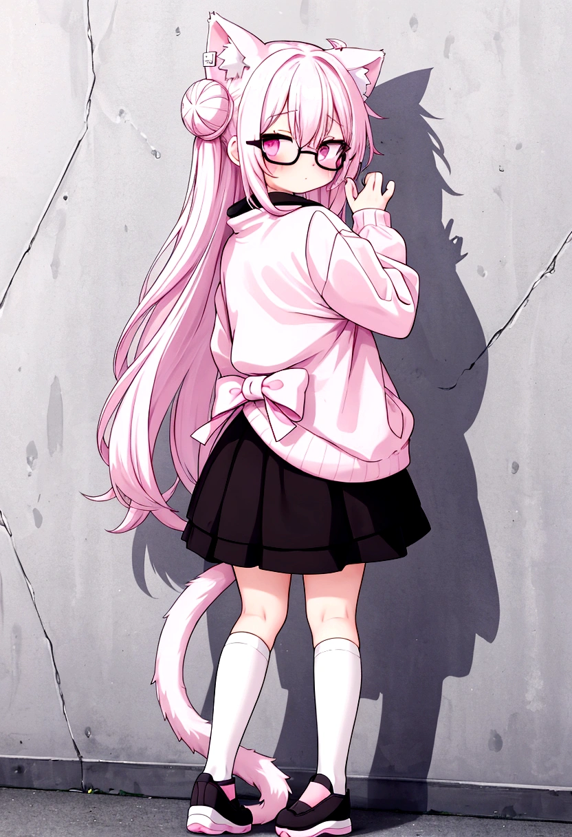 I have white pink hair, cat ears, a bun, my face is super blushing, black glasses, pink heart eyes, a big pink sweatshirt, a black skirt, black stockings, white shoes, a cat&#39;s tail, a girl. very shy that she is glued to a wall with her butt