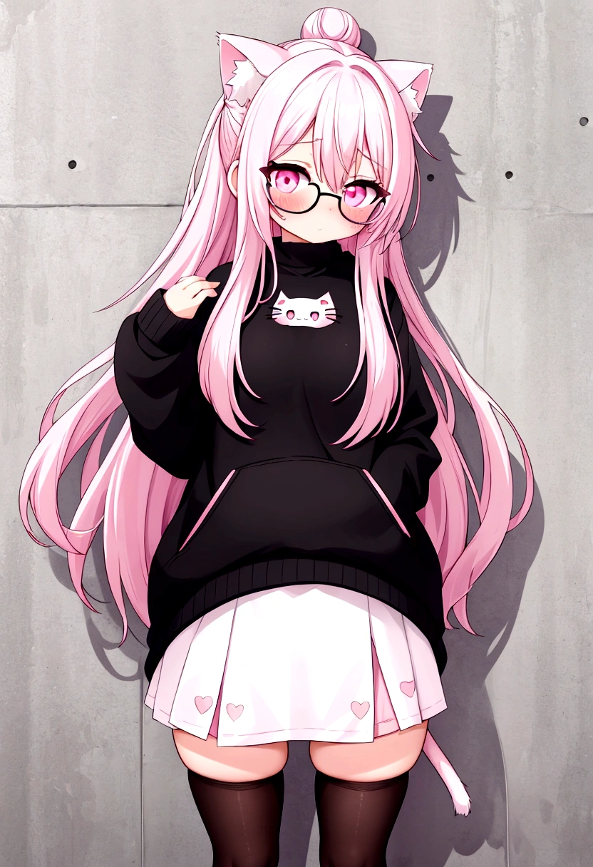 I have white pink hair, cat ears, a bun, my face is super blushing, black glasses, pink heart eyes, a big pink sweatshirt, a black skirt, black stockings, white shoes, a cat's tail, a girl. very shy that she is glued to a wall with her butt