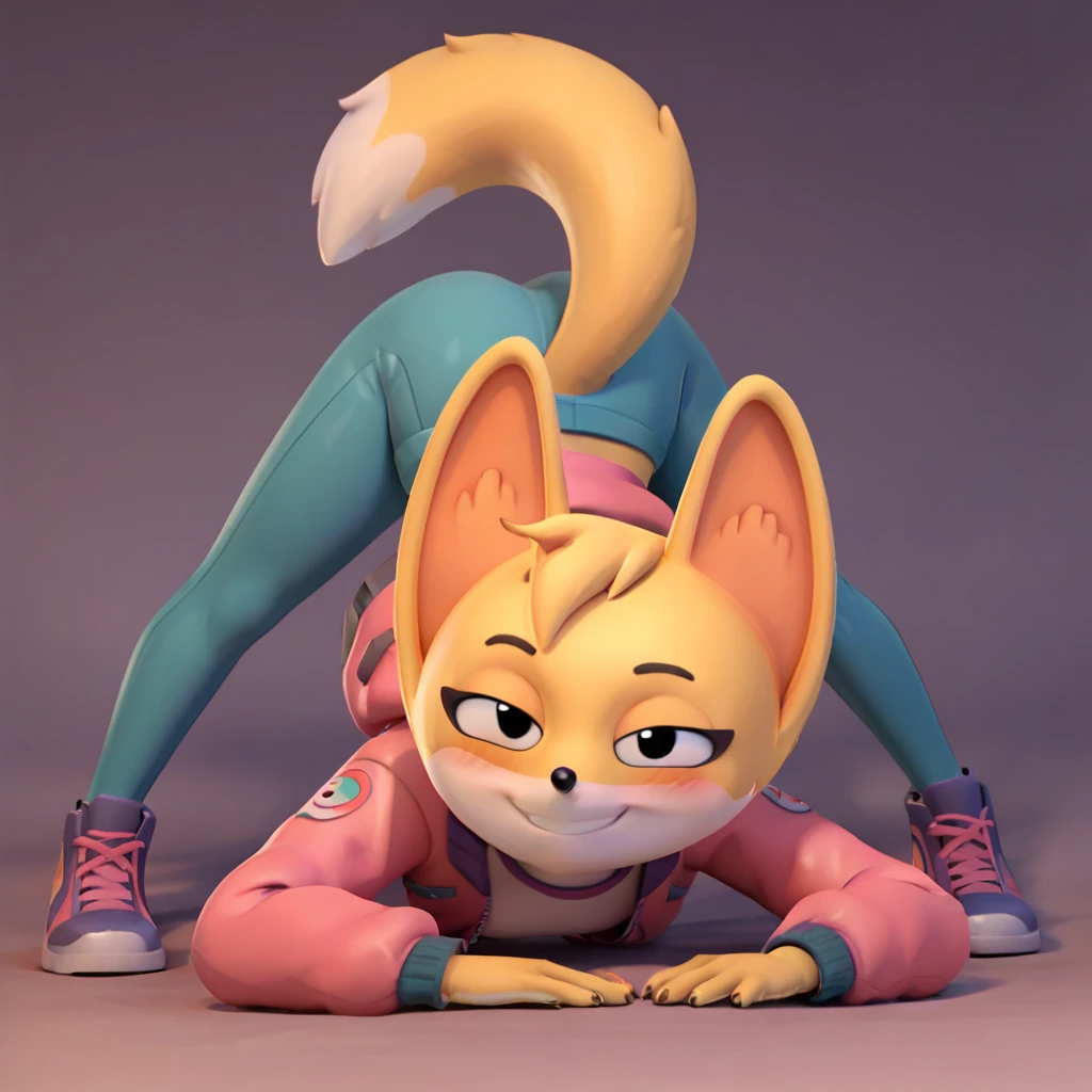 score_9, score_8_up, score_7_up, score_6_up, score_5_up, score_4_up, kit casey, fox, anthro, female, furry, solo, looking at viewer, pink jacket, raised tail, blush, bedroom eyes, smile, jack-o pose, seductive, 3d