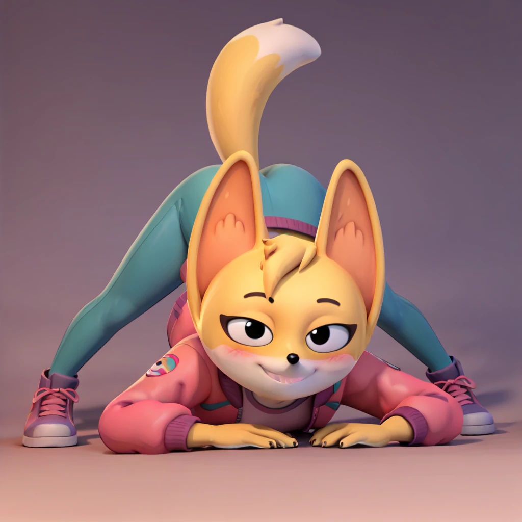 score_9, score_8_up, score_7_up, score_6_up, score_5_up, score_4_up, kit casey, fox, anthro, female, furry, solo, looking at viewer, pink jacket, raised tail, blush, bedroom eyes, smile, jack-o pose, seductive, 3d