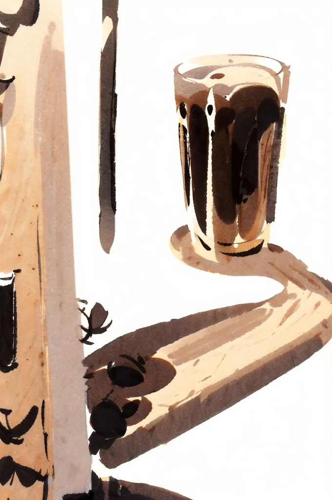 Illustration: simple lines, wood print style, coffee, small clear glass with expresso, Coffee cup close up, white coffee shop atmosphere