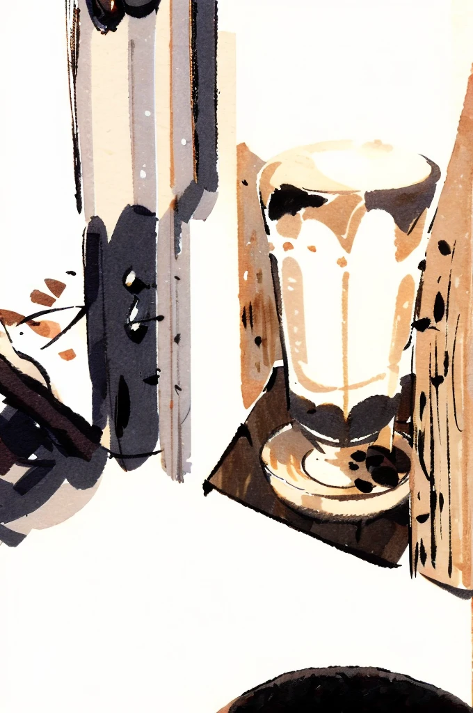 Illustration: simple lines, wood print style, coffee, small clear glass with expresso, Coffee cup close up, white coffee shop atmosphere