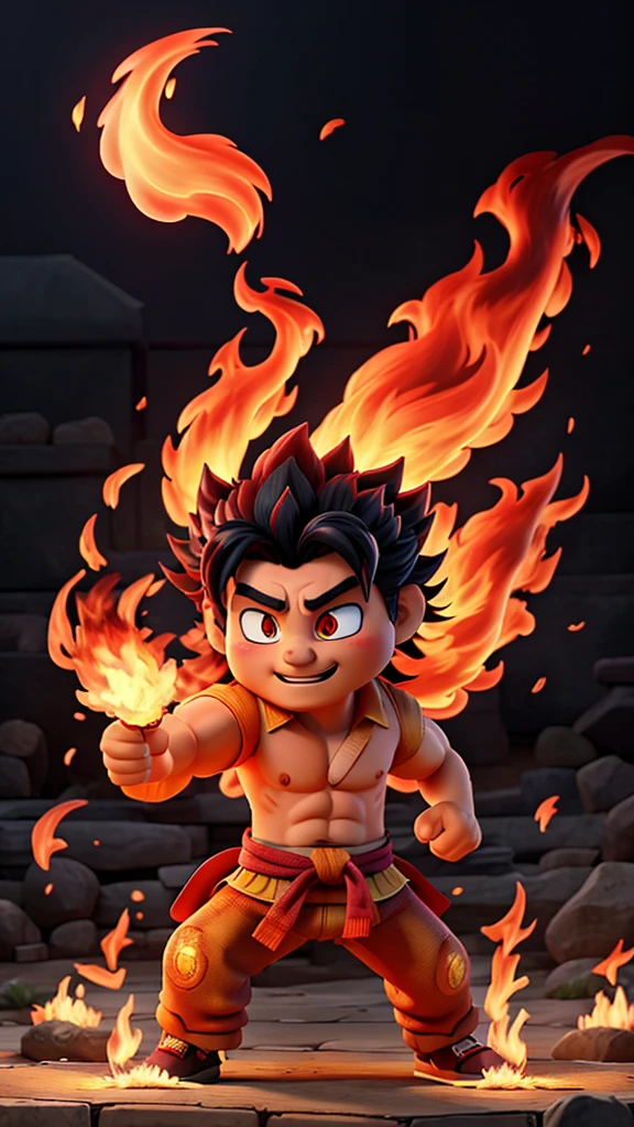 Please draw the moment when Kyojuro Rengoku uses flame breathing to defeat a demon.。Flames rising in the background、Rengoku's expression is full of determination.。