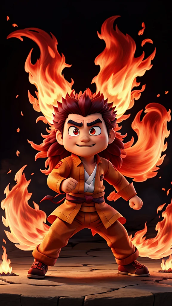 Please draw the moment when Kyojuro Rengoku uses flame breathing to defeat a demon.。Flames rising in the background、Rengoku's expression is full of determination.。