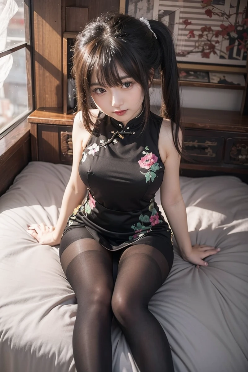 Beautiful Japanese waifu, early 30s, brunette hair, black qipao, black stockings 