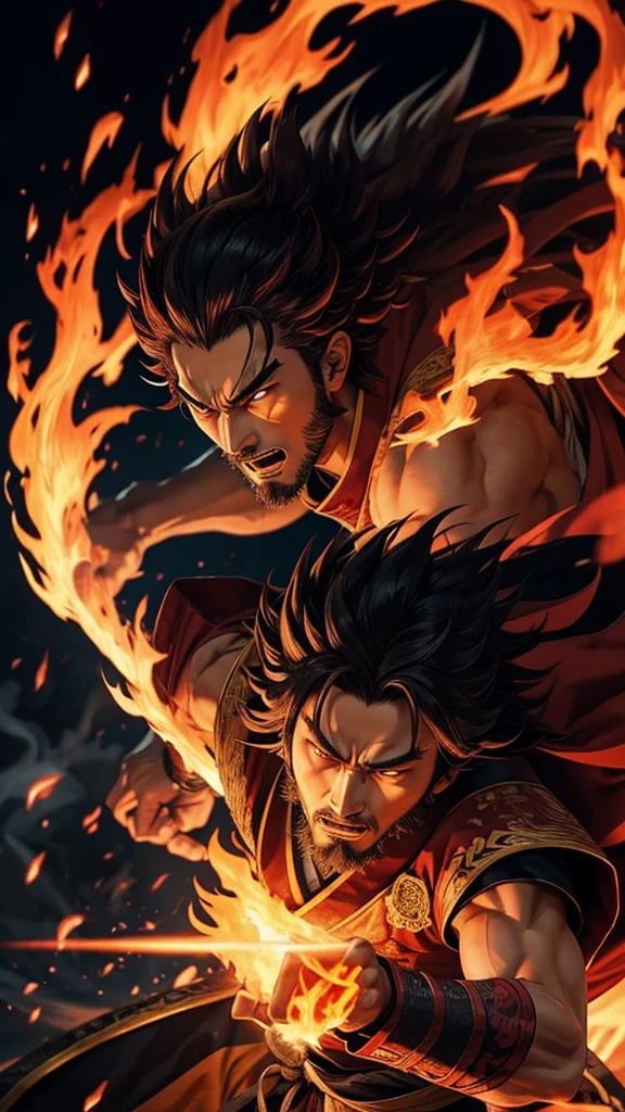 Please draw the moment when Kyojuro Rengoku uses flame breathing to defeat a demon.。Flames rising in the background、Rengoku's expression is full of determination.。