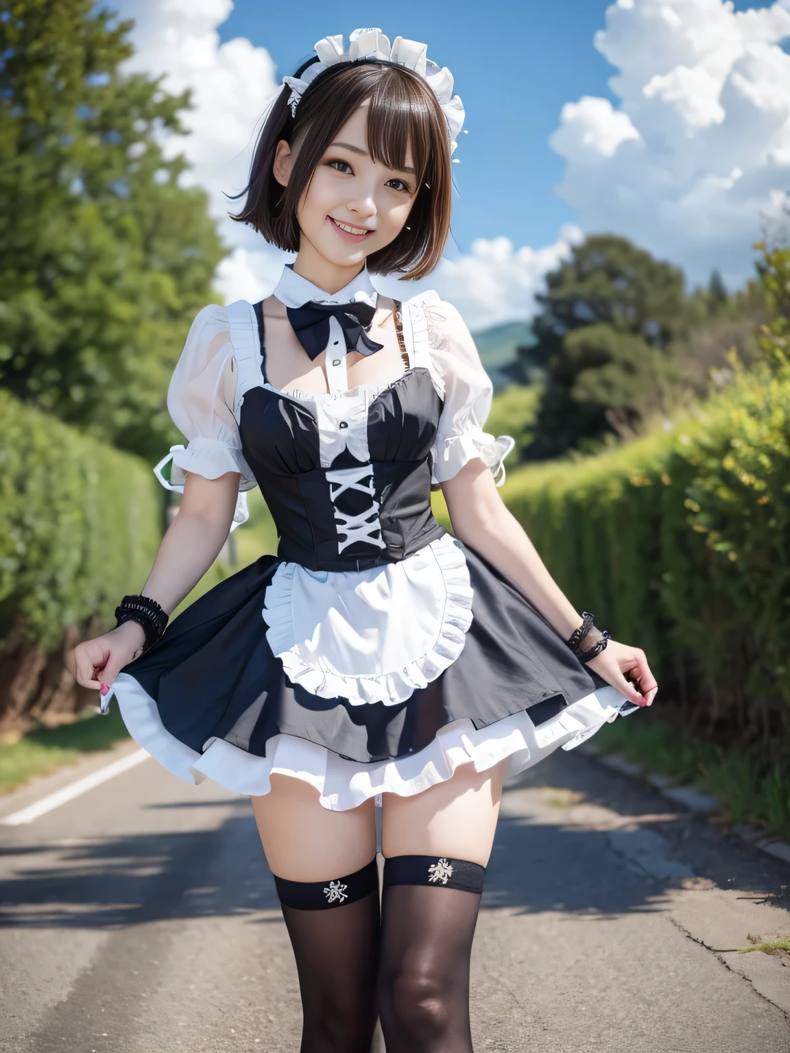 Short Bob、(Full body portrait:1.5)、19 years old、Slim and flat chested、smile、Smiling with teeth showing、Small breasts、Highest quality,masterpiece,Ultra-high resolution,(Actual:1.4),Original photo,Ultra-high resolution,8K,There are also women,Gothic Lolita Uniform、Maid Costume Cosplay、Beautiful scenery、With confidence, Beautiful and generous,Roll up your skirt to show your panties、