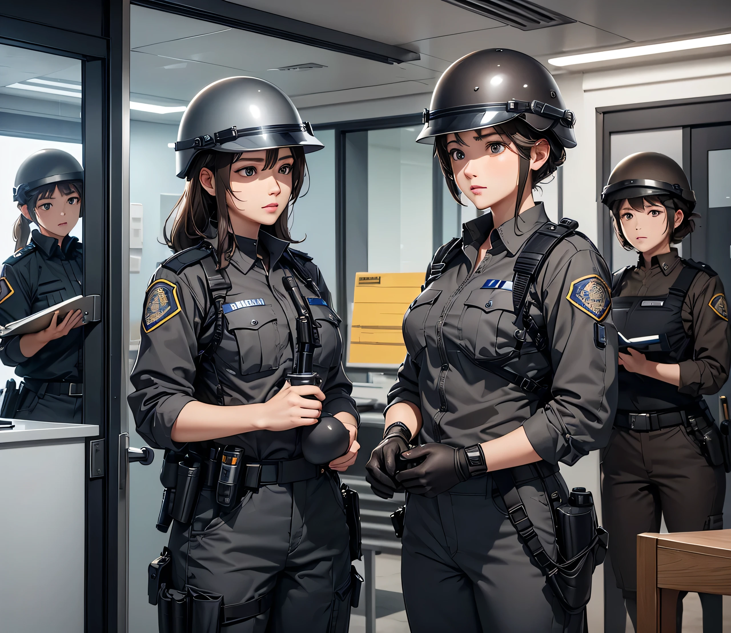 A group of female police officers all wearing gray-brown uniforms、Full helmet、Police pants、Various police equipment、Inside the base、Write details、masterpiece、best quality、Highly detailed CG、8K picture quality
