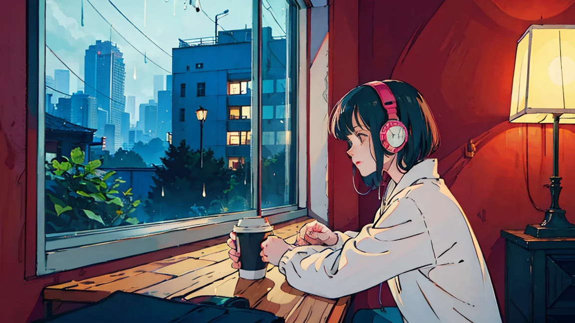Lofi Song, Sitting on the bed. Looking out the window, Drink coffee. Listening to music through headphones, Looking out the window and seeing the rain falling