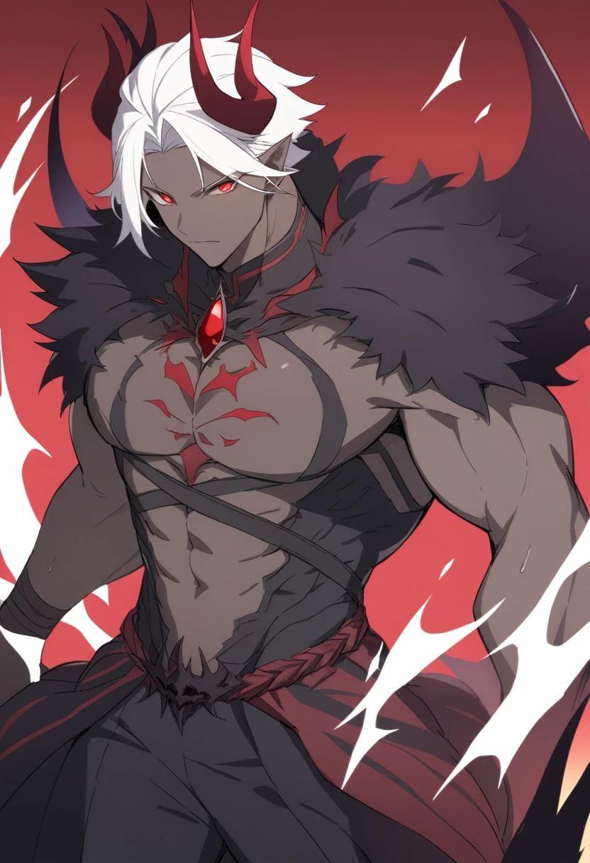 "Stunningly detailed anime sketch of a solo ((Huge and muscular)) ((handsome)) ((dark-skinned)) demon boy with short white hair and red eyes. Seductive smile. He exudes maturity and has striking red and black crown-like horns. Dressed in demonic fantasy clothes, including a black capelet and a red and black demonic aura, he resembles a dark prince."