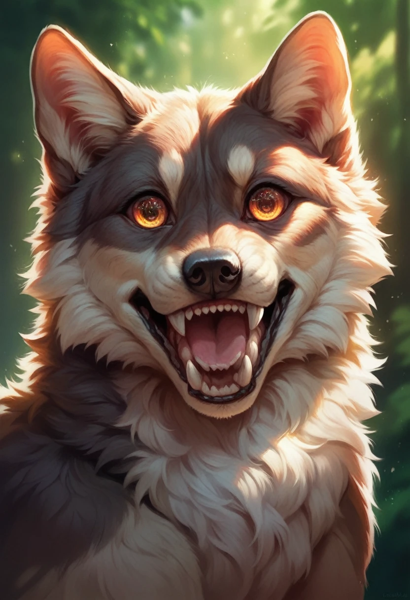a young wolf, cute wolf pup, forest, detailed fur texture, detailed eyes and nose, sharp teeth, fluffy tail, digital art, intricate details, dynamic pose, vibrant colors, cinematic lighting, photorealistic, highly detailed, 8k, masterpiece
